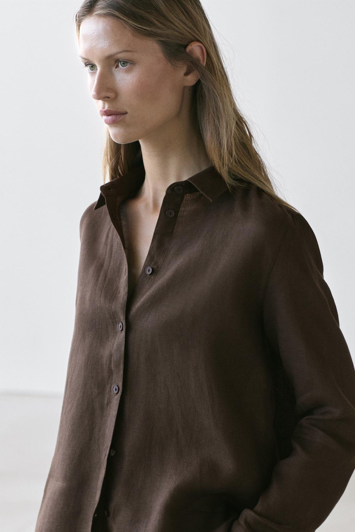 Massimo Dutti  Dökümlü %100 keten gömlek - Görsel 3