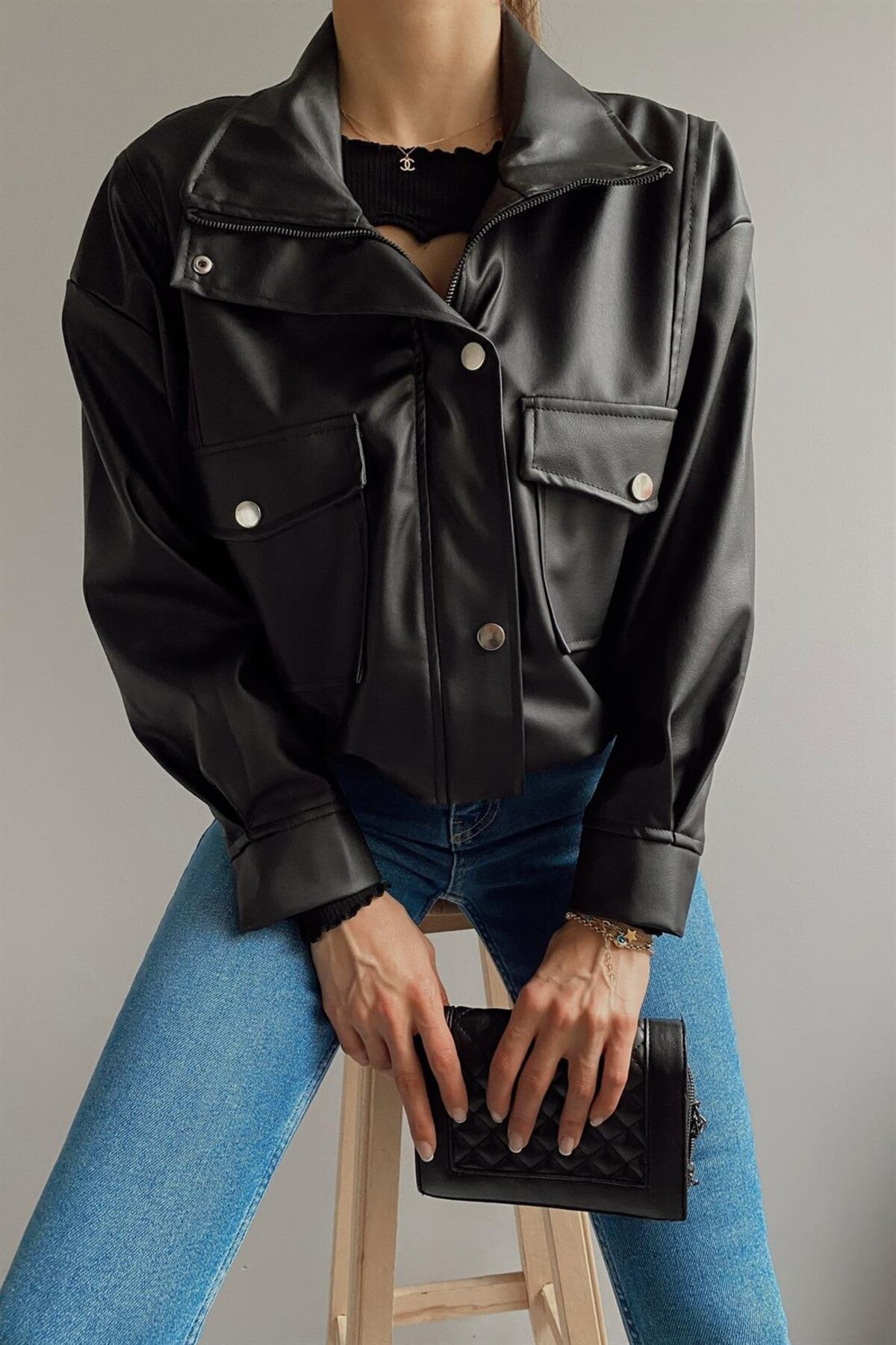 VESS MODA  Çift Cep Yan Büzgülü Oversize Deri Ceket - Görsel 2