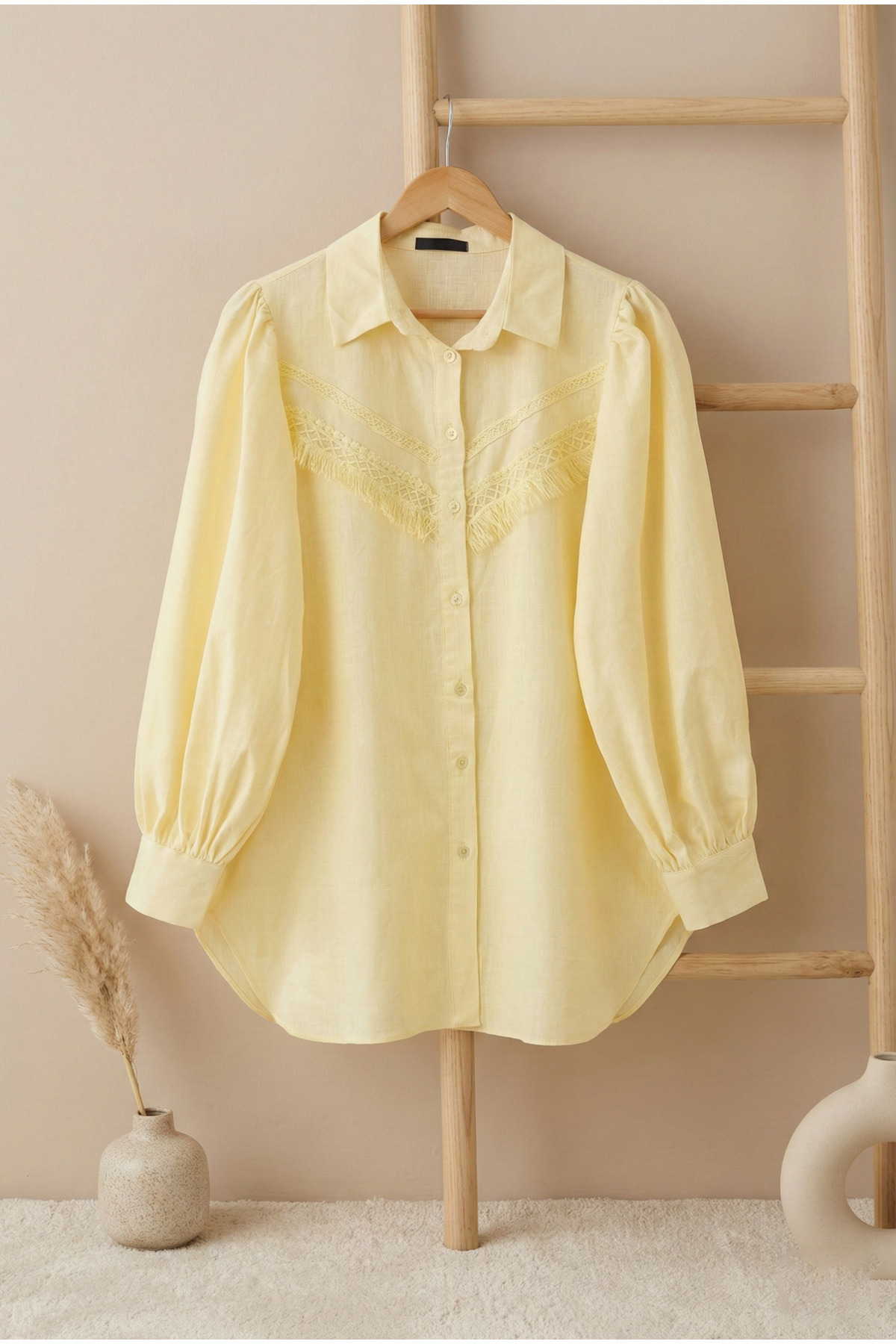 Women's Guipure Raw Linen Balloon Sleeve Tunic Shirt - Light Yellow