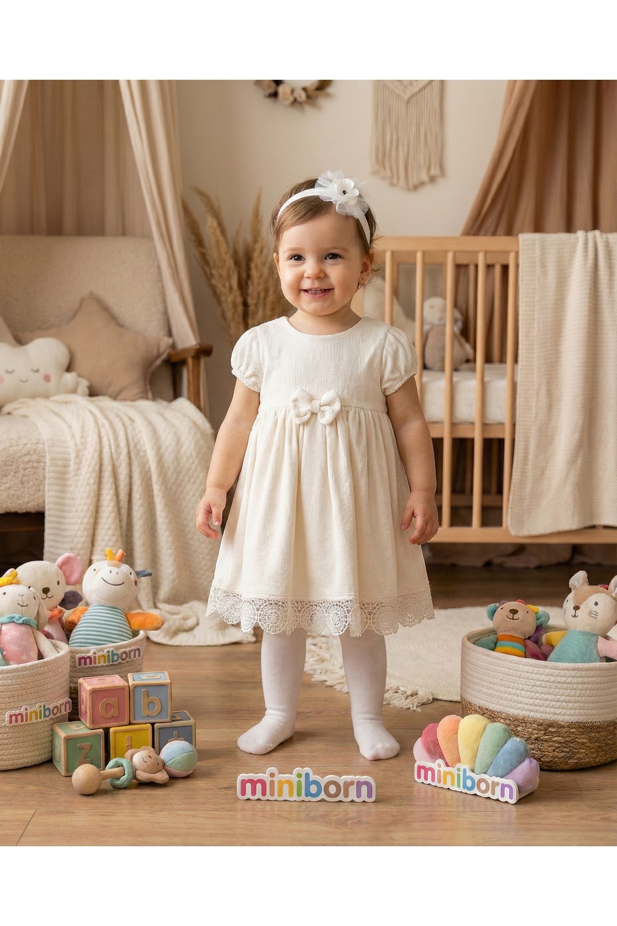 MİNİBORN KIZ UZUN KOLLU EKRU PAMUK KETEN İÇİ SIFIR KOL TRİKO HIRKALI YAKA VE ETEK TIĞ İŞİ DETAY ELBİSE SET fotoğrafı 2 (önizleme)