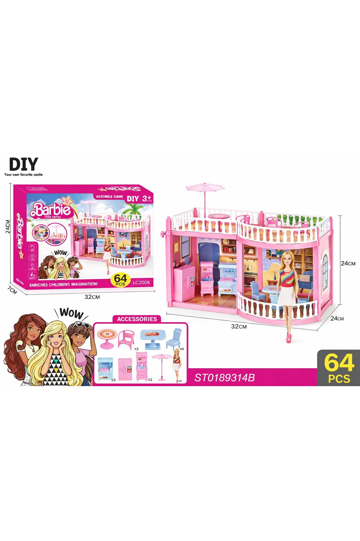 مجموعة ألعاب فيلا باربي (DIY) - منزل أحلام مع 64 ق...