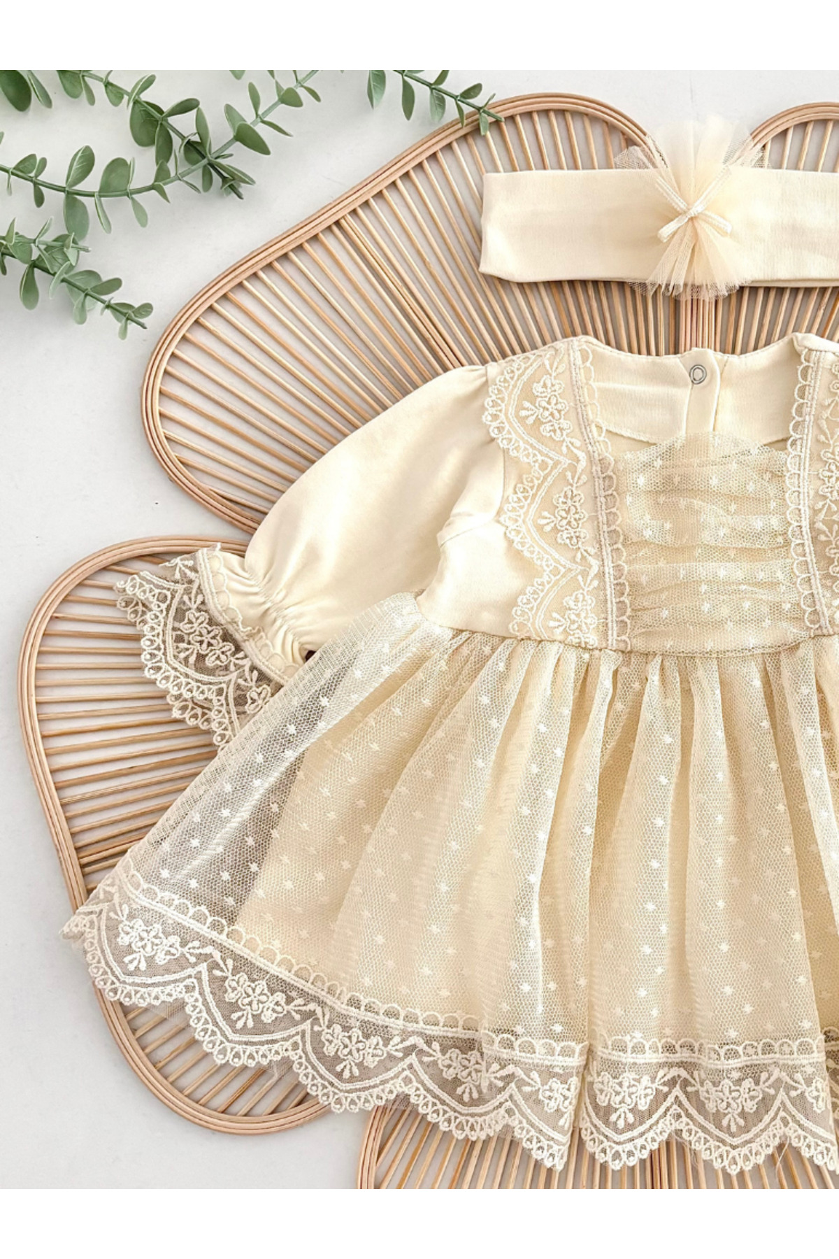 Jammybaby Carmen Elbise %100 Pamuk Penye Tül Dantelli Yenidoğan Kız Bebek Mevlüt ve Özel Gün Bandanalı Takım fotoğrafı 4 (önizleme)