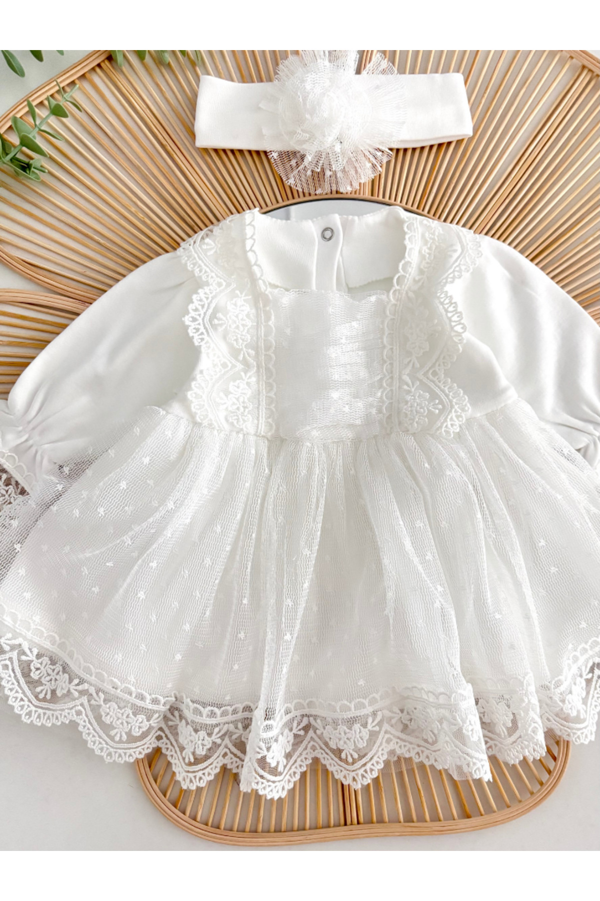 Jammybaby Carmen Elbise %100 Pamuk Penye Tül Dantelli Yenidoğan Kız Bebek Mevlüt ve Özel Gün Bandanalı Takım fotoğrafı 3 (önizleme)