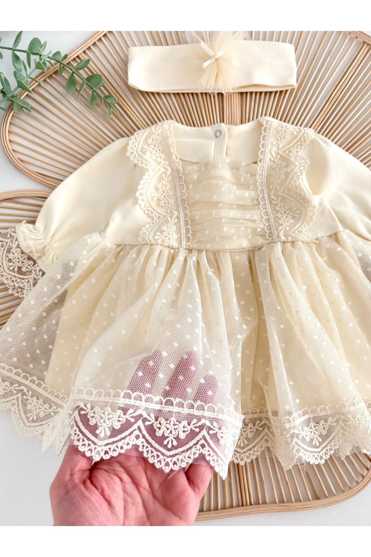 Jammybaby Carmen Elbise %100 Pamuk Penye Tül Dantelli Yenidoğan Kız Bebek Mevlüt ve Özel Gün Bandanalı Takım fotoğrafı 2 (önizleme)