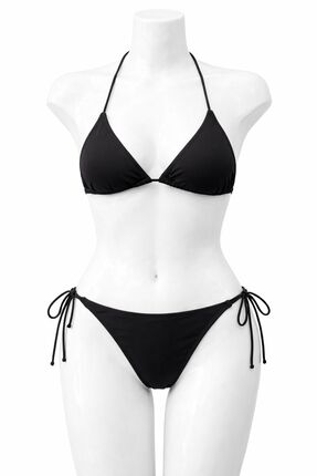 VAJESTO Kadın Siyah Likralı Yandan Boyundan Bağlamalı Şık İpli Üçgen Bikini T...