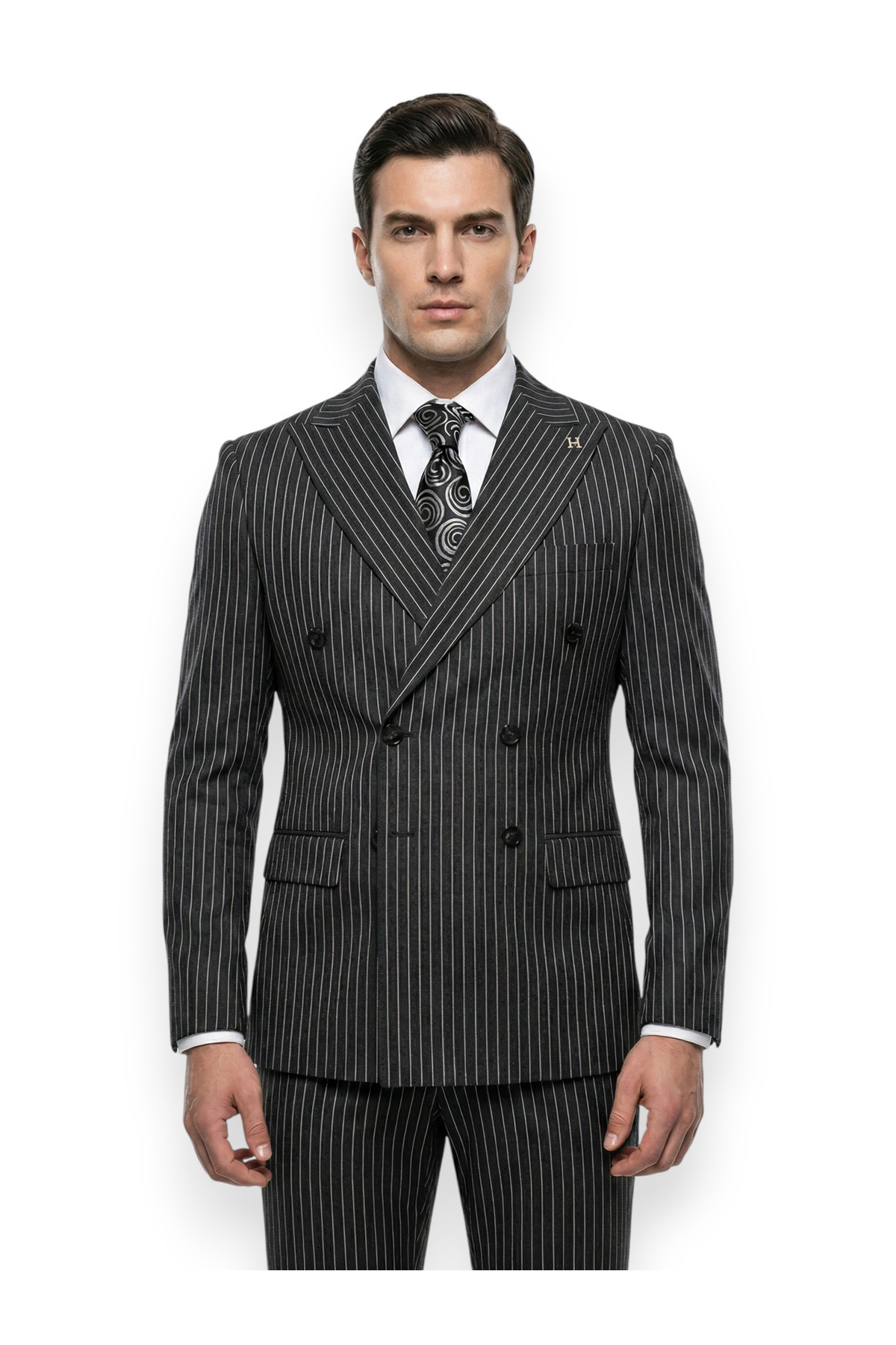 Sartorial | Onyx Siyah Kruvaze Çizgili Takım Elbise — مشکی 1986-3 CP