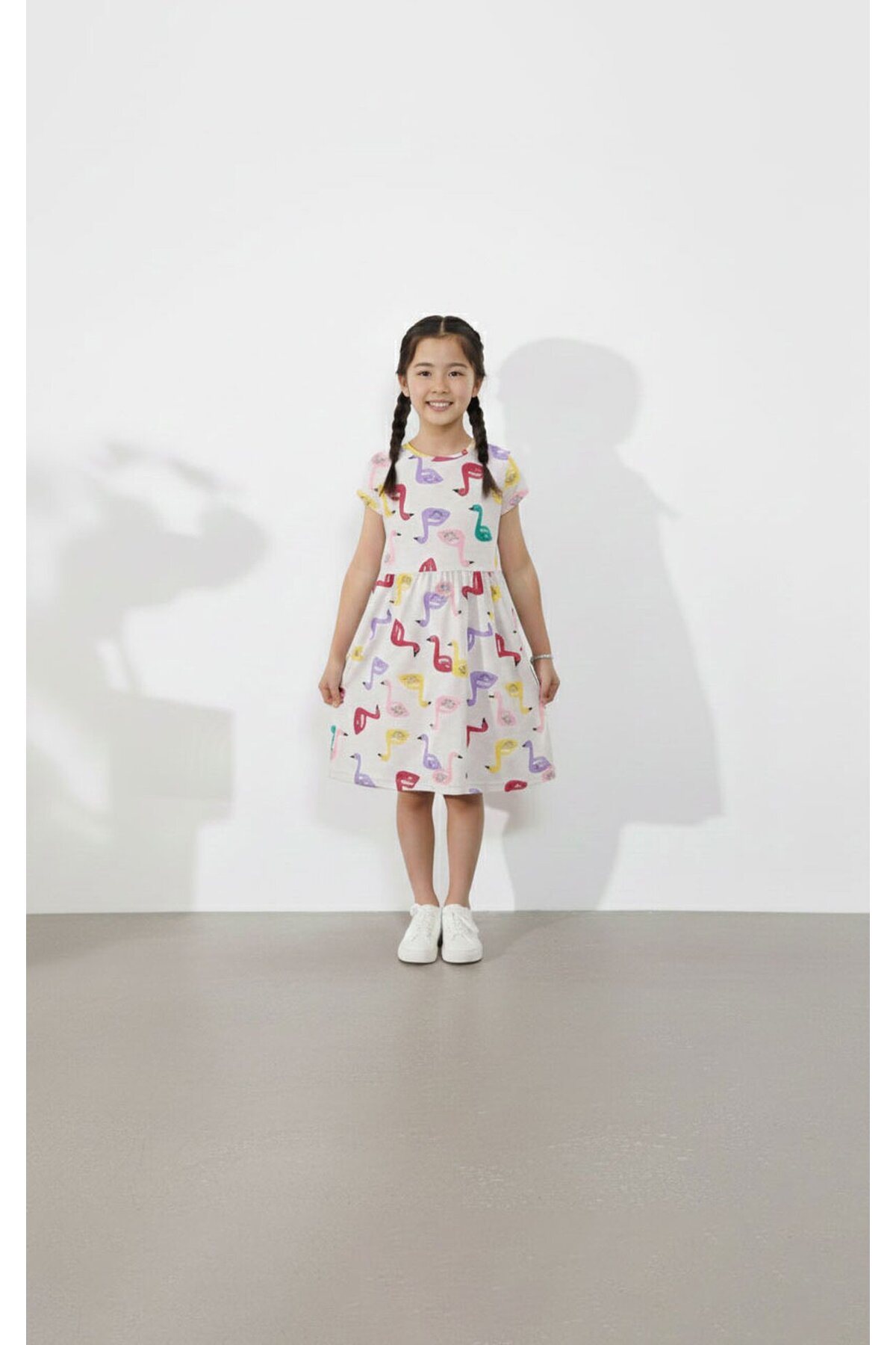 Cream Swan Printed Short Sleeve Girl Summer Dress