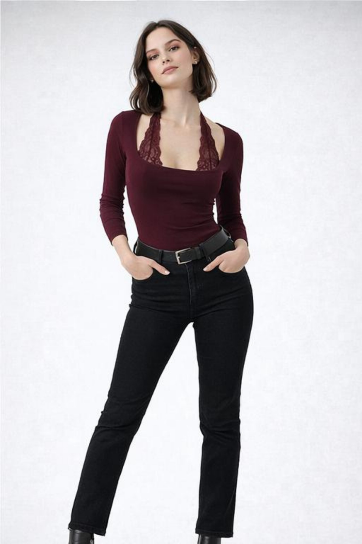 LOVES AGAZA  Bordo Bağlamalı Dantelli Uzun Kol Bluz - Görsel 3