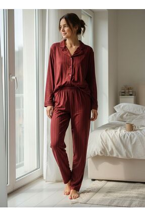 TAWBE Kadın Pijama Takımı Bordo Rahat Ev Giyim Takımı