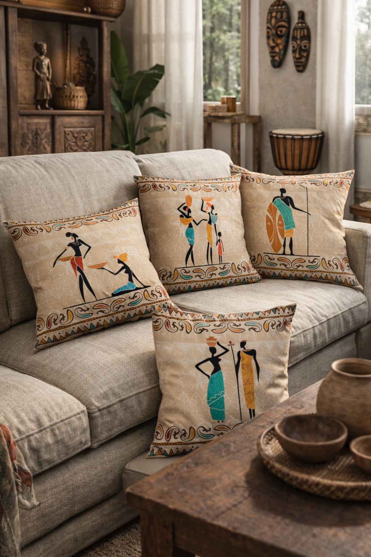 Cream Floor Ethnic African Turquoise Pattern Digital Printed Pillowcase