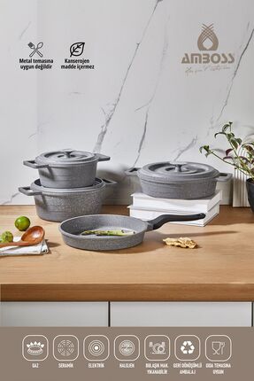 Amboss 7 Parça Copper Döküm Tencere Seti (GRİ)