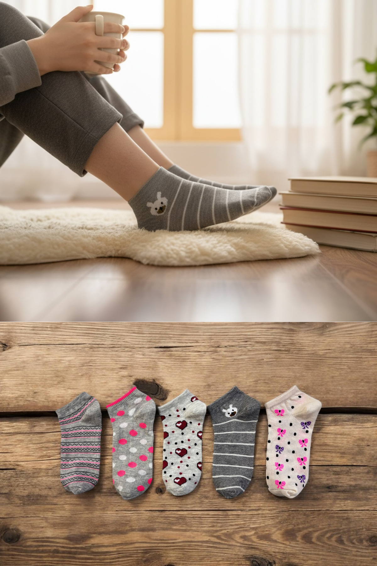 Women's 5-Piece Cotton Pattern Booties Socks Set Comfortable Breathable Light Color