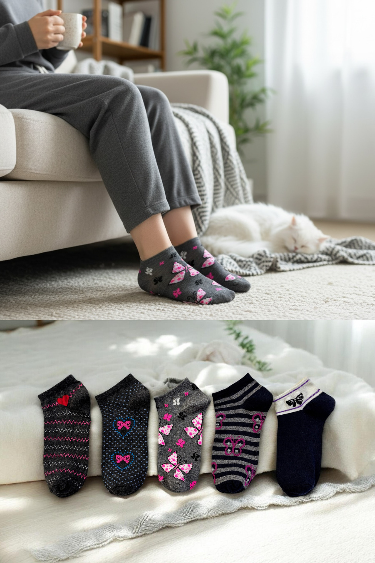 Women's 7-Piece Cotton Pattern Booties Socks Set Breathable Dark Color
