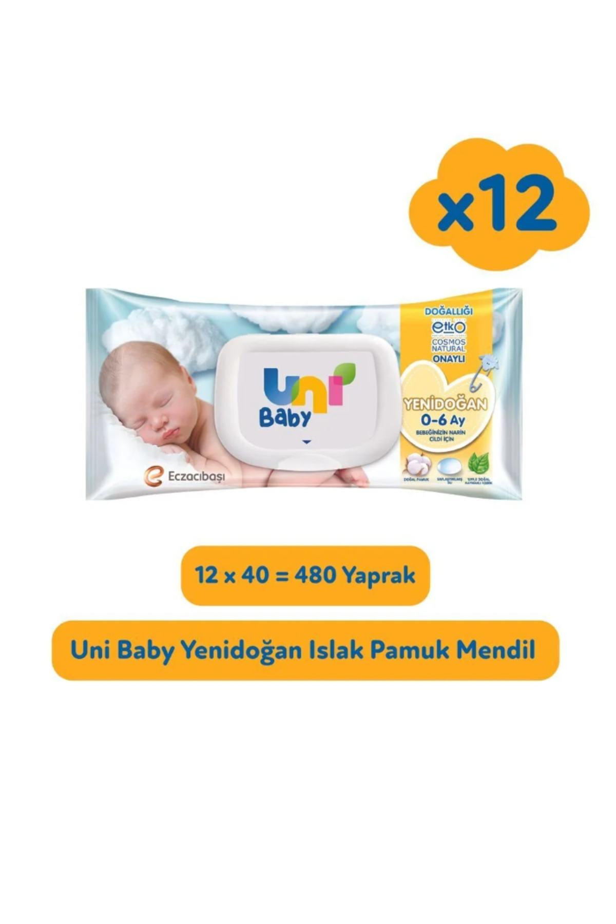 Uni Baby Yenidoğan Islak Pamuk Mendil 12x40 (480 YAPRAK) fotoğrafı 2 (önizleme)