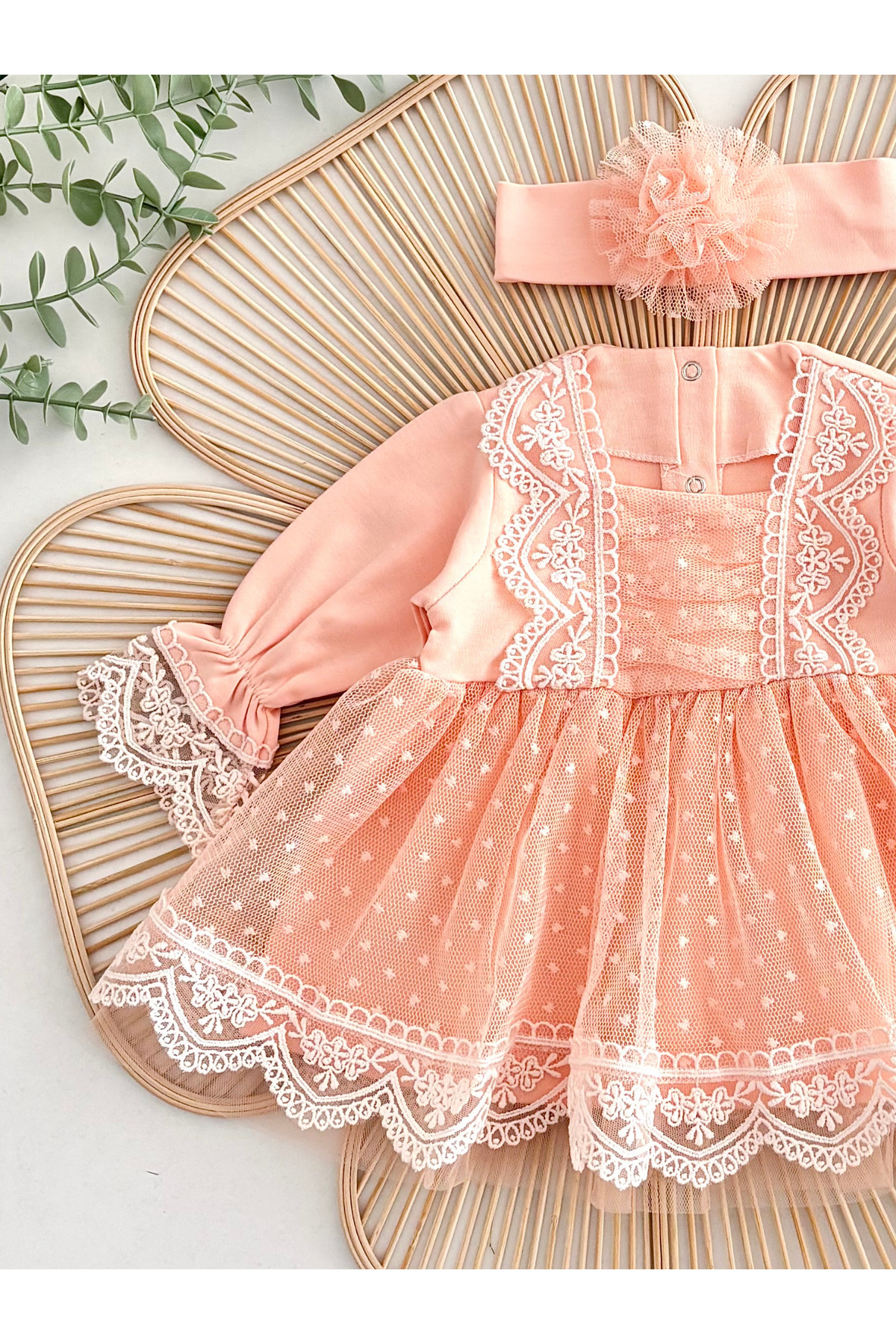 Jammybaby Carmen Elbise %100 Pamuk Penye Tül Dantelli Yenidoğan Kız Bebek Mevlüt ve Özel Gün Bandanalı Takım fotoğrafı 2 (önizleme)