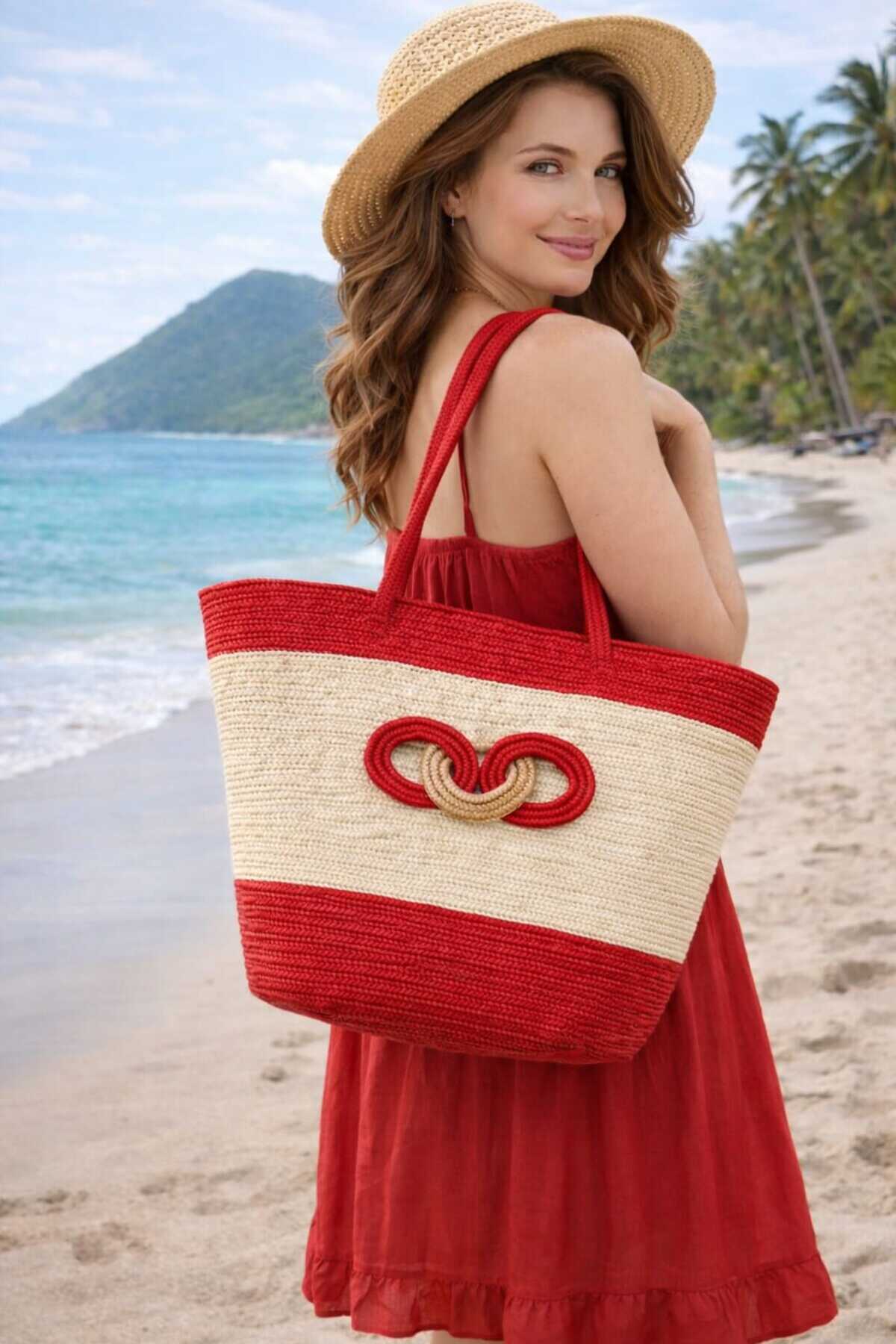 Red Ecru Shoulder Bag Beach Bag Casual Bag Straw Bag Handmade - 40~42x30cm