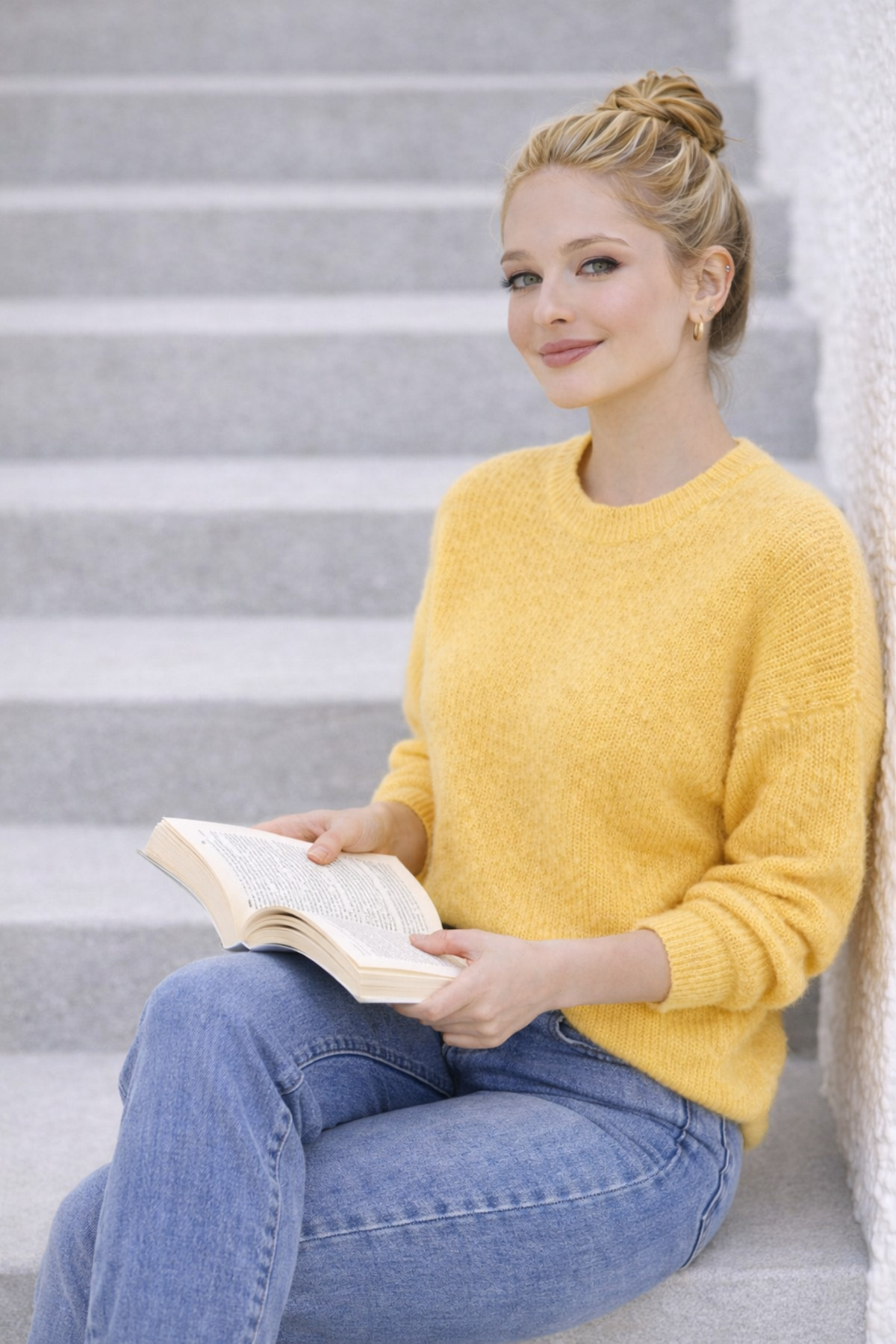 ModaAzen  Sarı Bisiklet Yaka Oversize Kadın Triko Kazak - Görsel 5