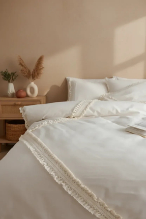 NDC HOME Ham Keten Baklava Desen Ponponlu Çift Kişilik Nevresim Takımı