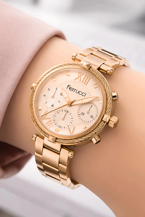Ferrucci Kadın Kol Saati Çelik Kordon Çelik Kasa Taşlı Bileklik Hediyesi ile ...