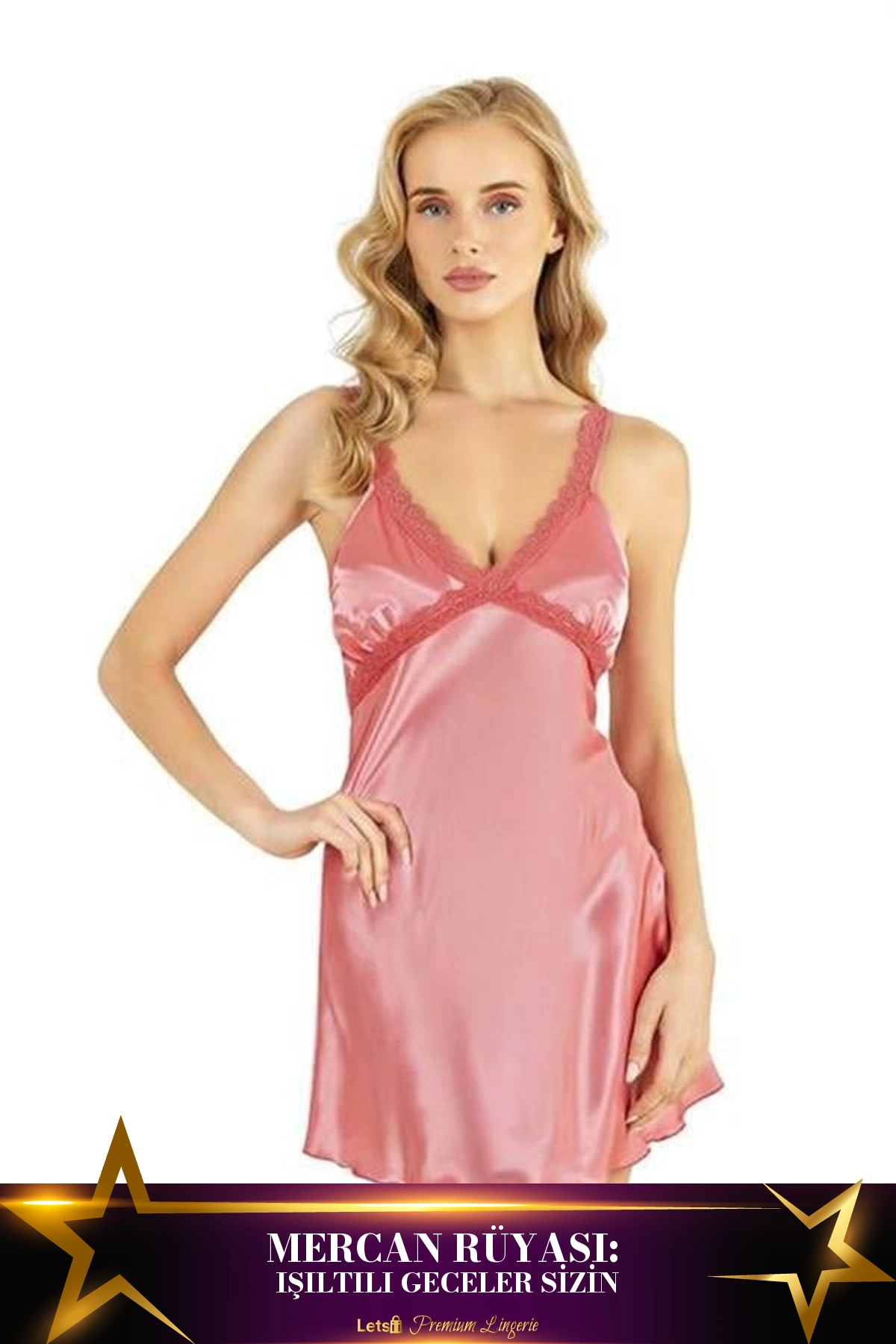 Letsii Kısa Saten Gecelik İkili Takım Mercan Renk