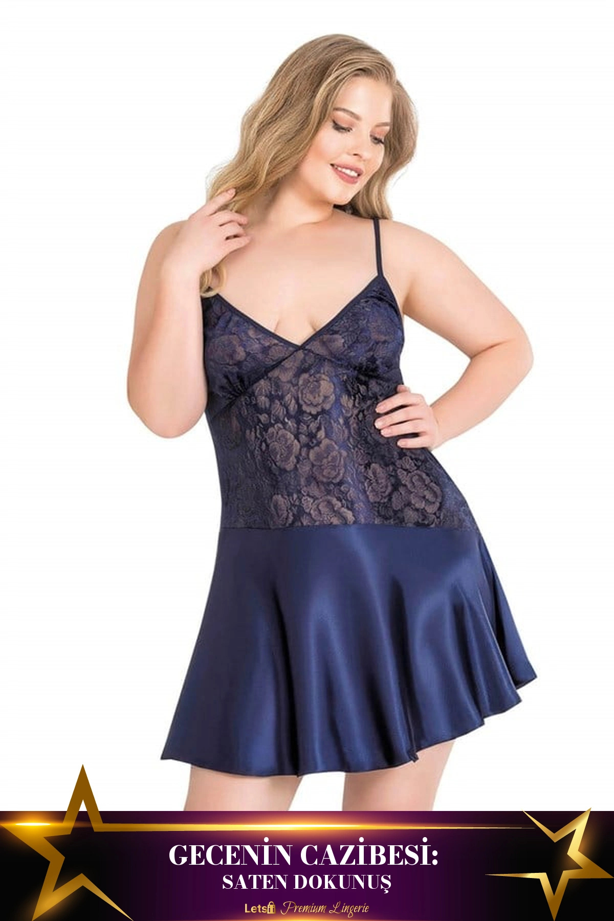 Letsii Büyük Kısa Saten Gecelik Lacivert Renk