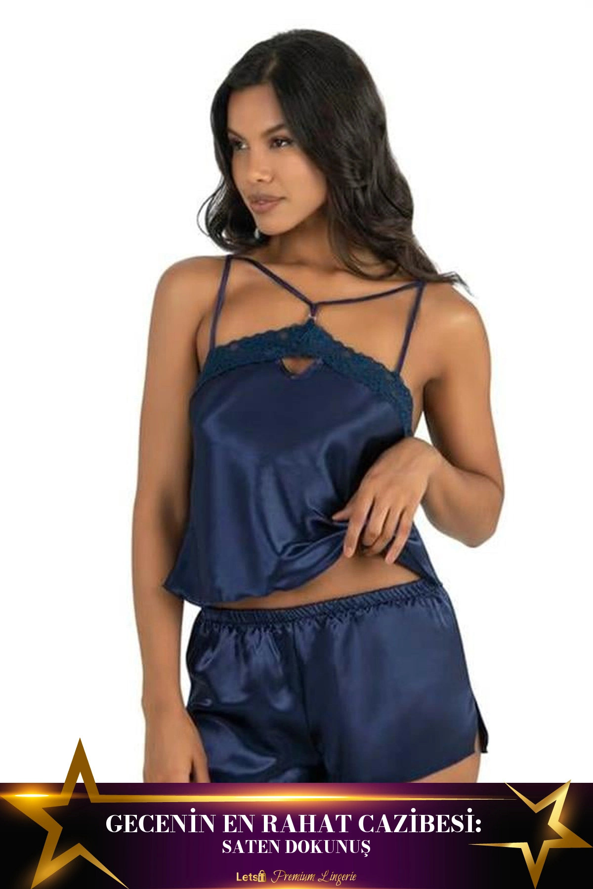 Letsii Saten Şortlu Takım İki Parça Günlük Kullanım Lacivert Renk