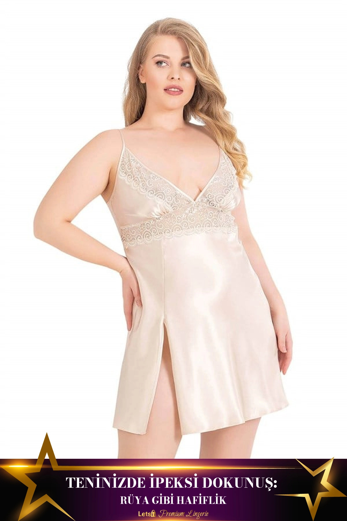 Letsii Büyük Kısa Saten Gecelik Fil Dişi Renk