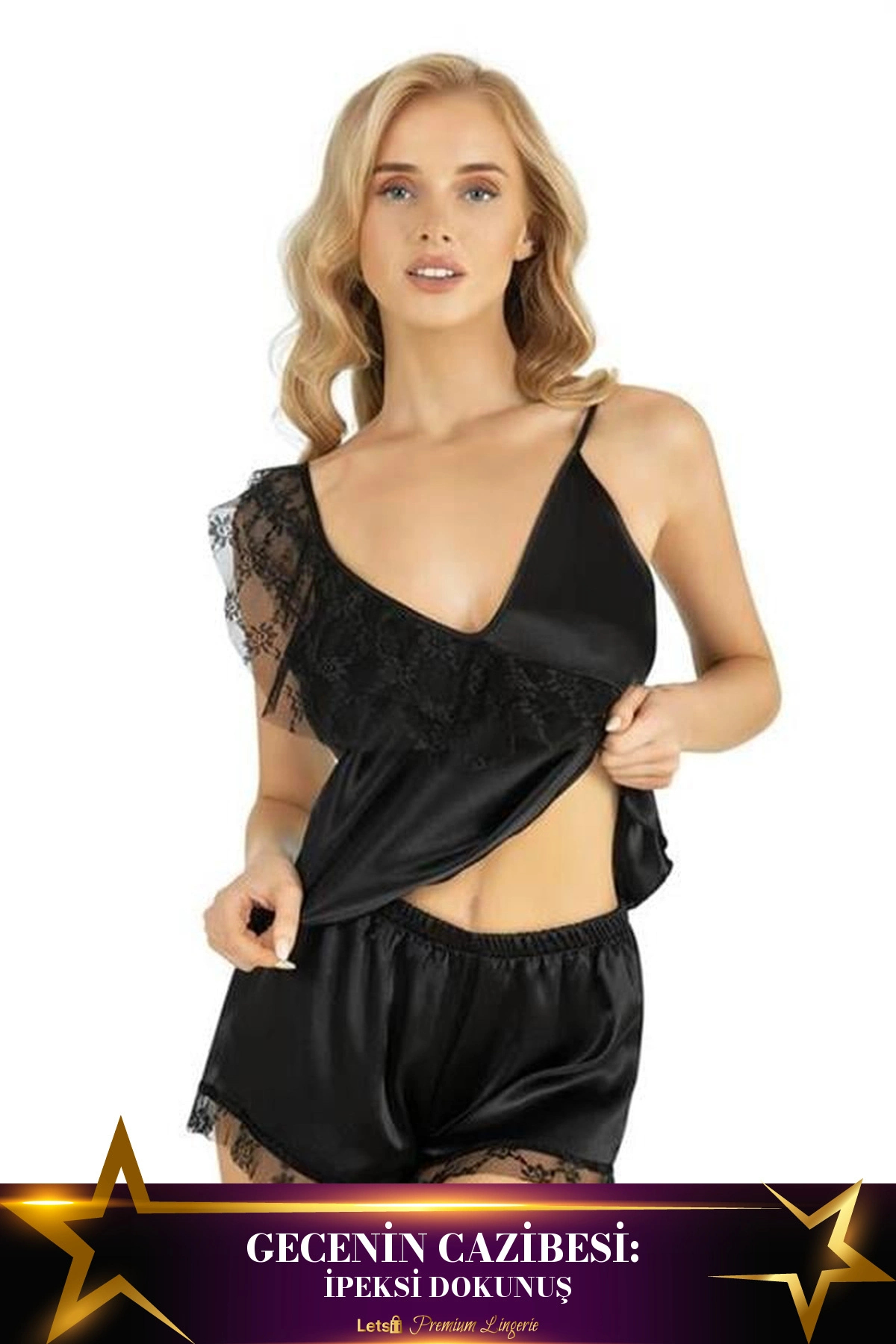 Letsii Saten Şortlu Takım İki Parça Zarif Model Siyah Renk