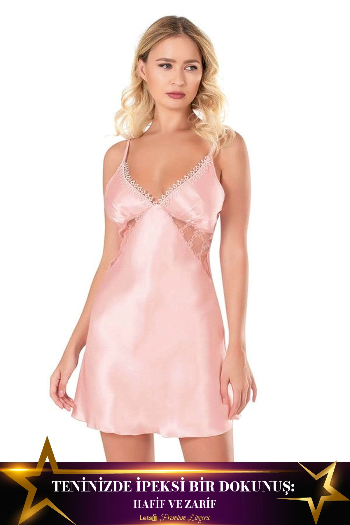 Letsii Kısa Saten Gecelik Tek Parça Hafif Dokunuş Somon Renk