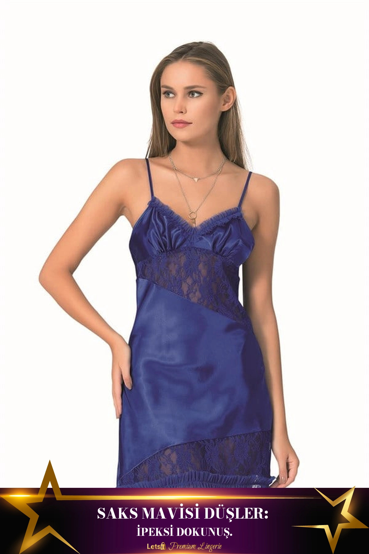 Letsii Kısa Saten Gecelik Saks Mavisi Renk