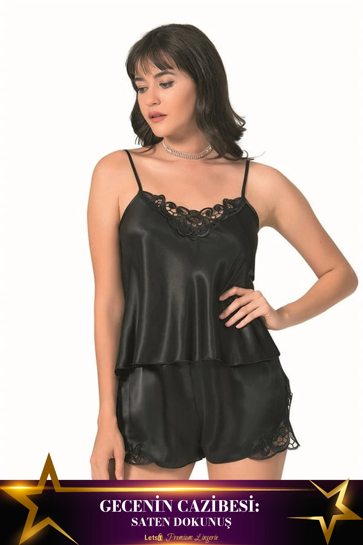 Letsii Saten Babydoll Şortlu Takım Siyah Renk