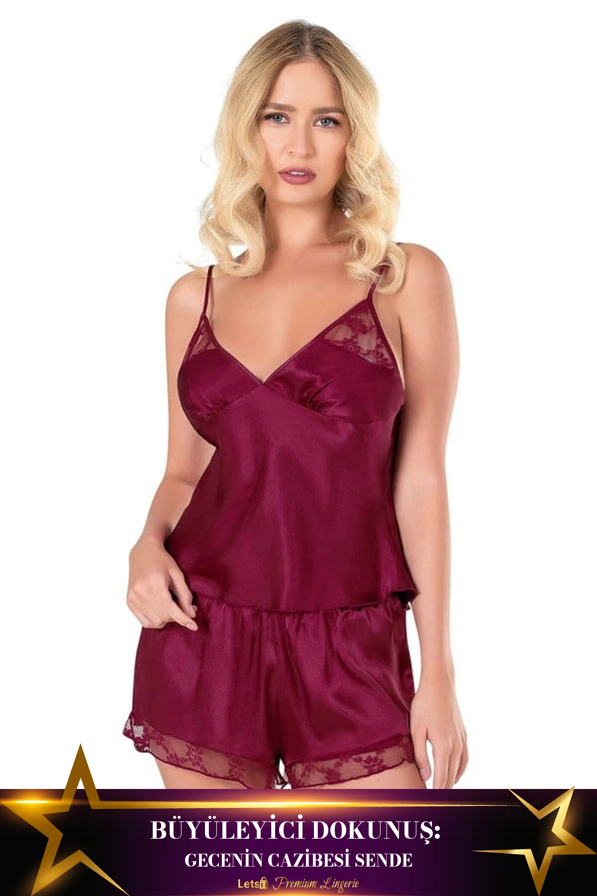 Letsii Saten Babydoll Şortlu Takım Bordo Renk