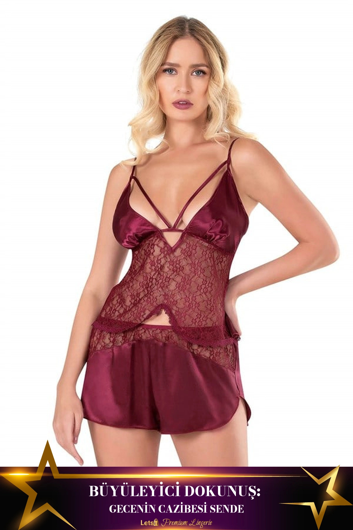 Letsii Saten Babydoll Şortlu Takım Bordo Renk