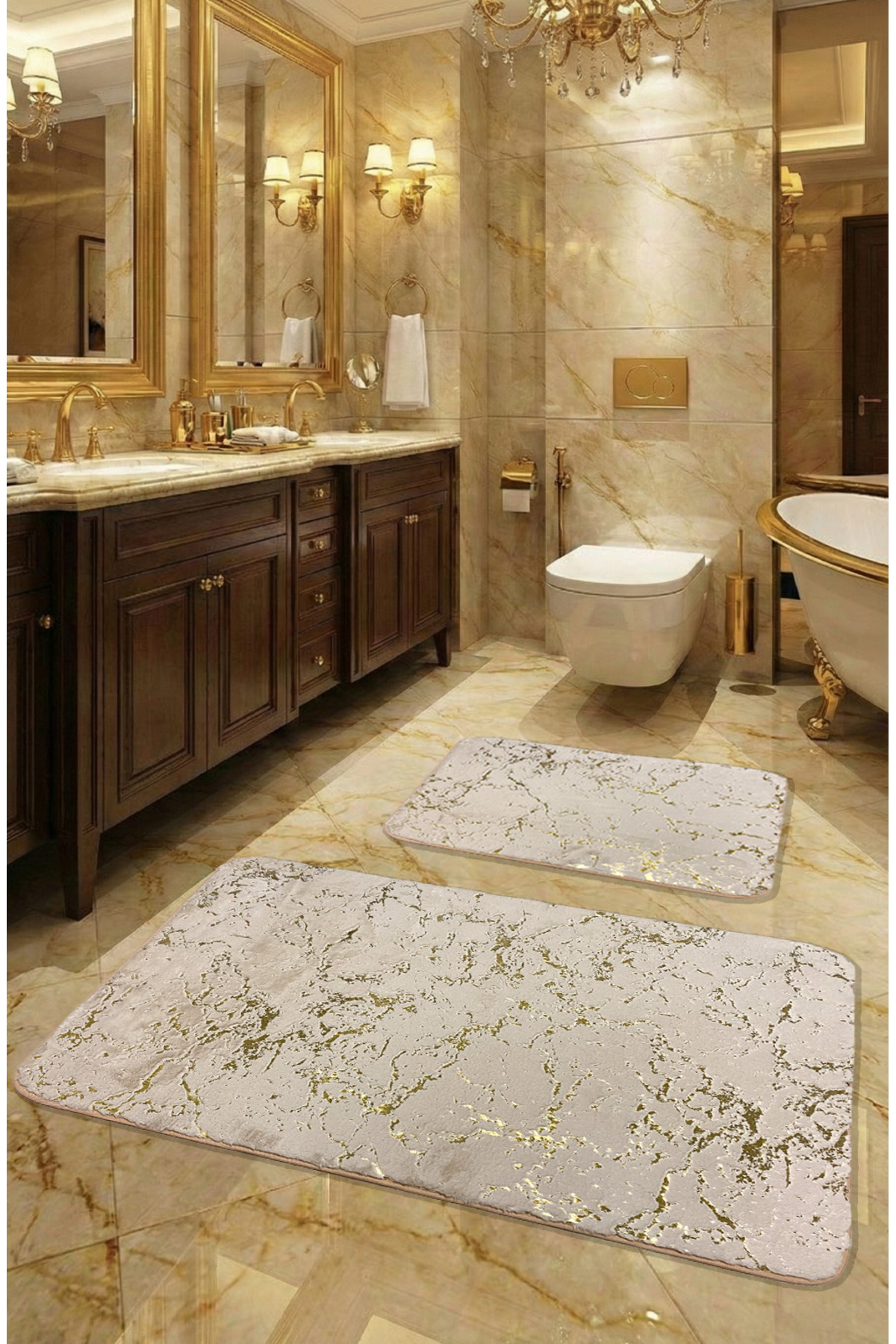 Suadiye, Rabbit Feather Soft,Anti-Slip Base, Absorbent 2-Piece Super Luxury Glitter Bath Mat Camel Gold