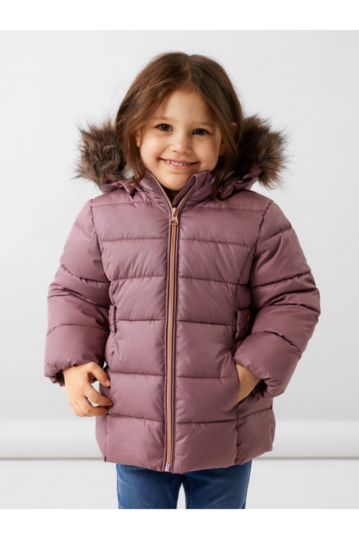 name it Gül Kurusu Kız Bebek Kapüşonlu Normal Bel Kürklü Mont NMFMERETHE JACKET3 GLITTER NOOS fotoğrafı 2 (önizleme)