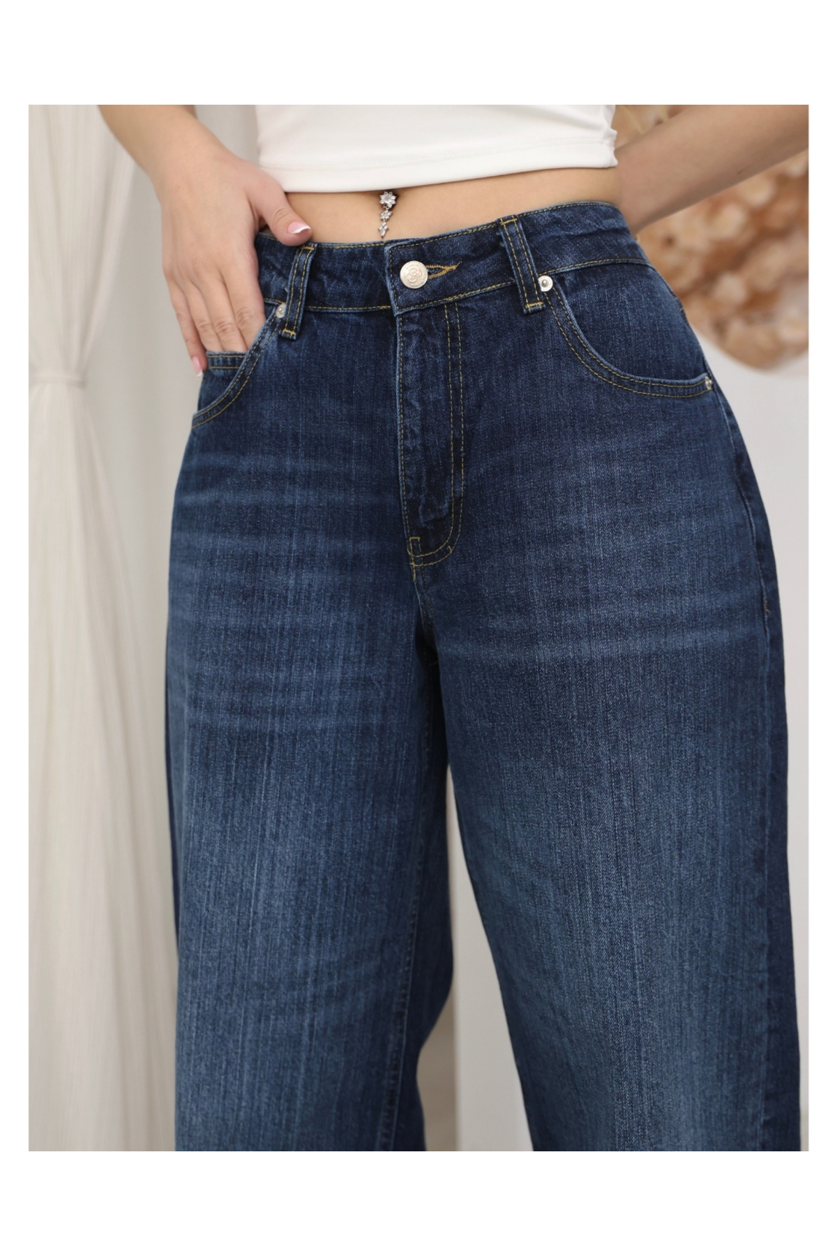 Kadın Lacivert Düşük Bel Baggy Jean Pantolon Geniş Paça Bol Kalıp Likrasız Denim