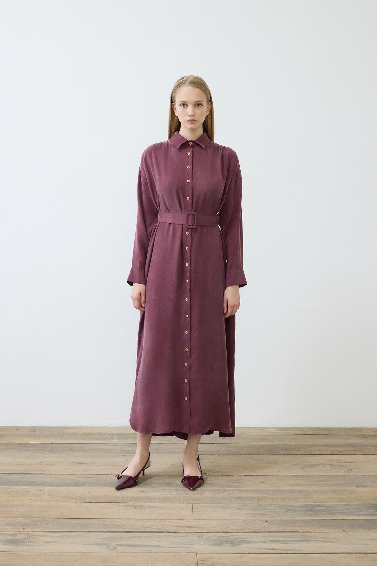 GLORIA STONED SILK SHIRT DRESS - BURGUNDY