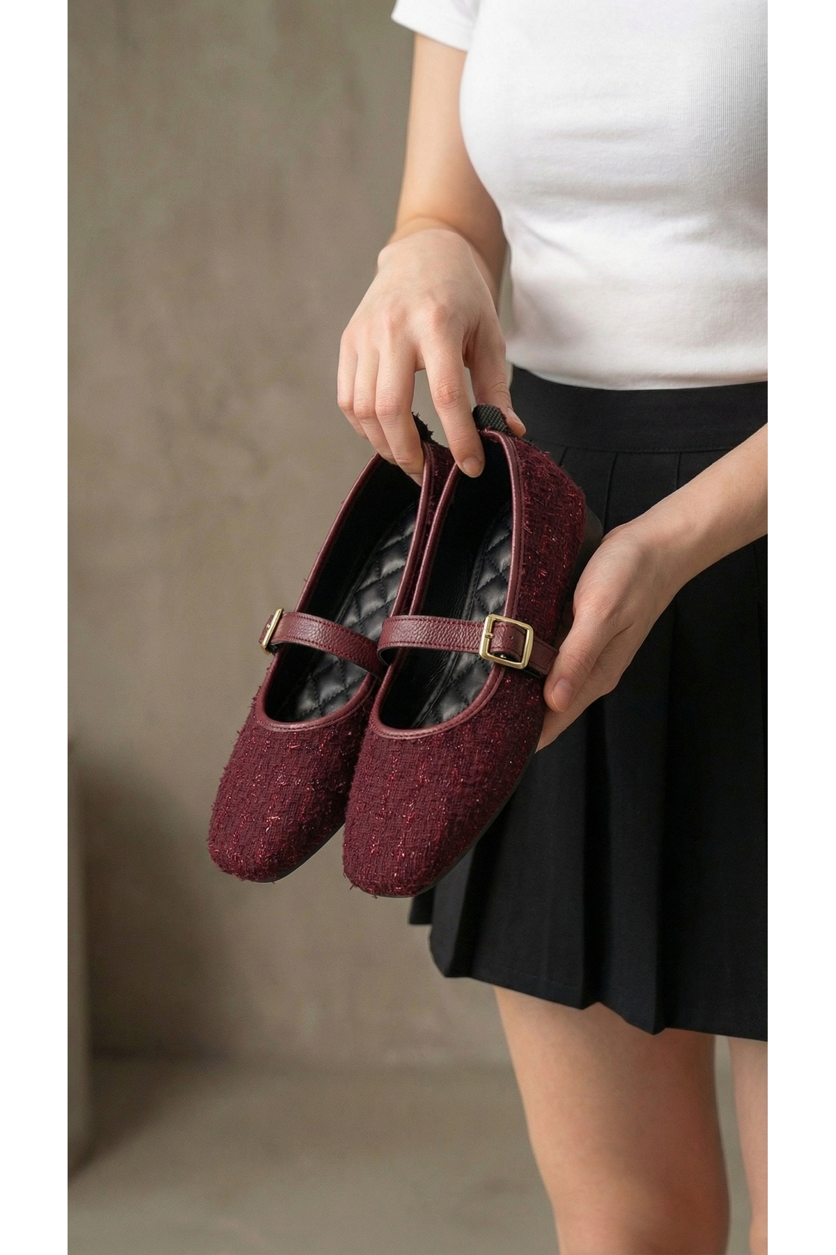 Beyond   Bordo Tüvit Kumaş Mary Jane Babet Şık Tokalı Rahat Taban Günlük Ayakkabı BYNDLCK01