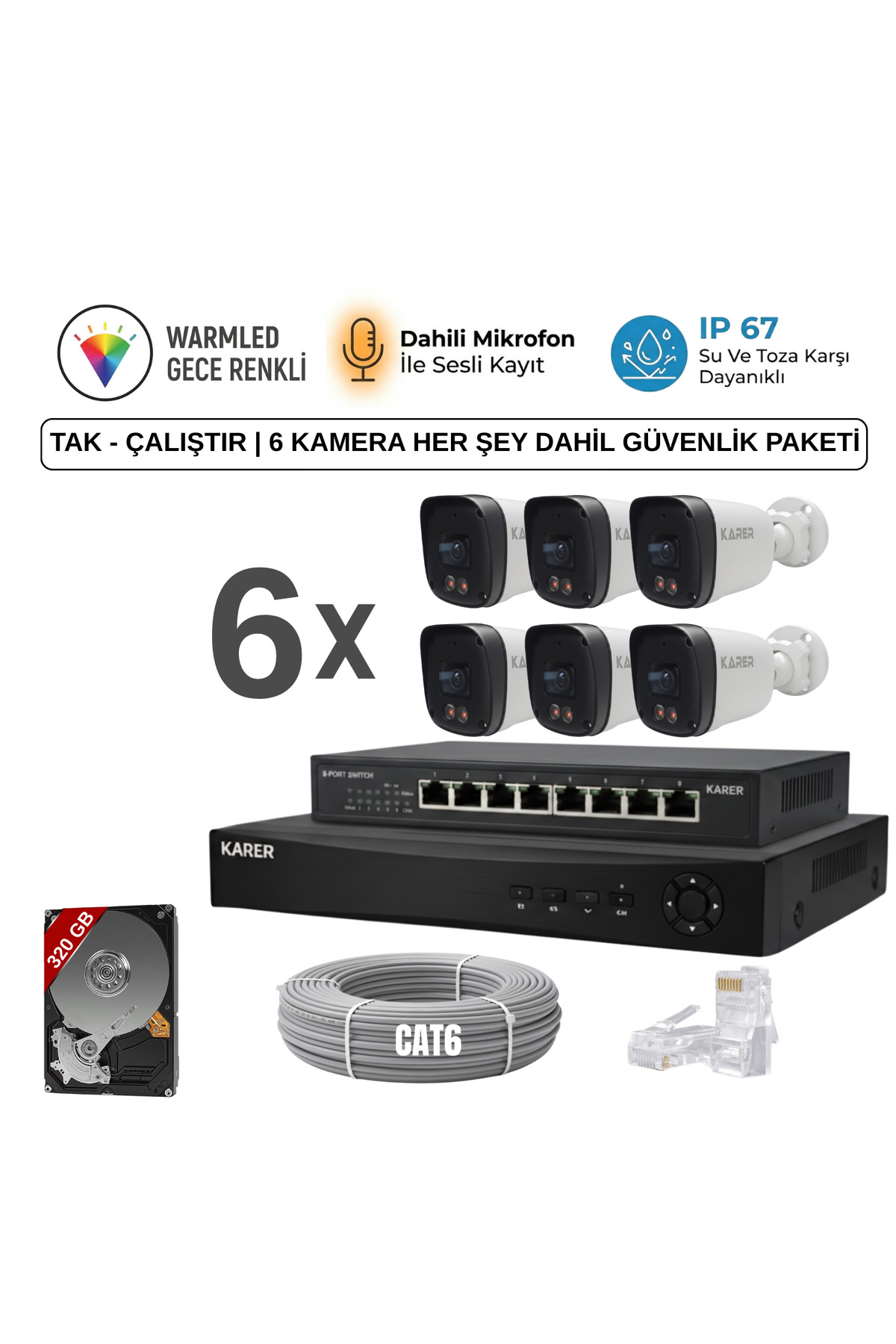 6 KAMERALI ULTRA HD 5MP IP POELİ-SESLİ-RENKLİ GECE GÖRÜŞLÜ-İNSAN ve PLAKA ALGILAMALI GÜVENLİK SETİ