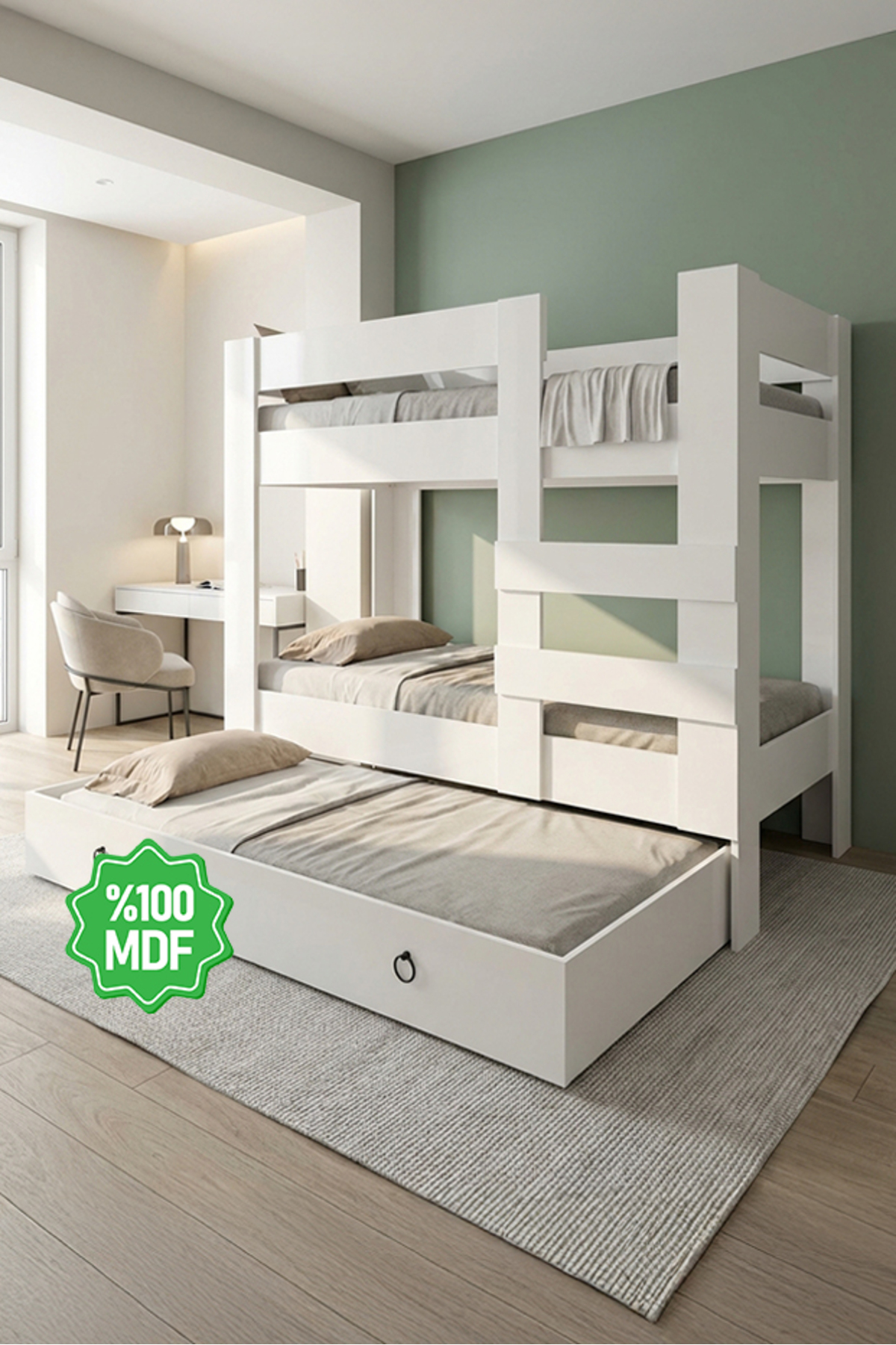 Ninnimo Young White Mdf 90x190 Bed Compatible Bunk Bed with BabyR20-1