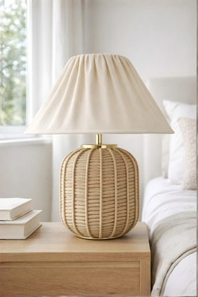 Bahar Aydınlatma Sandy Hasır Gövde Bej Başlık Rattan Dekoratif Abajur