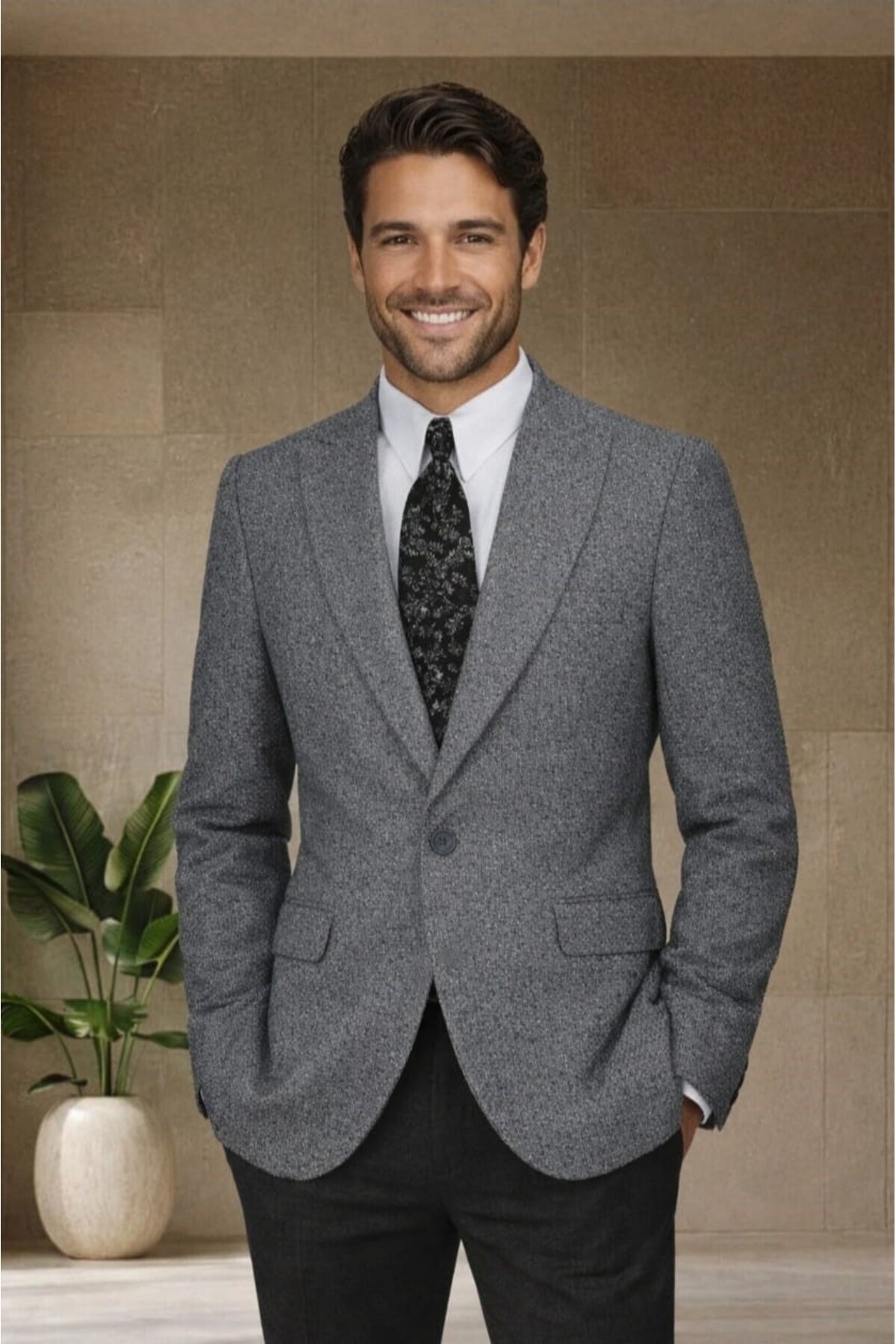 Genel Markalar  Gri Italyan Stil Slim Fit Klasik Erkek Blazer Ceket