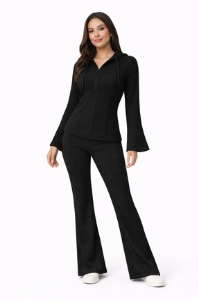 BY HUPE Kadın 2'li Takım Fermuarlı Fitilli Uzun Kollu Üst ve Yüksek Bel Bol P...