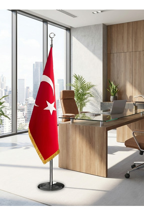 bayrakal  Makam Bayrağı, Türk Bayrağı, Simli Telalı Bayrak Krom Direkli 224cm.
