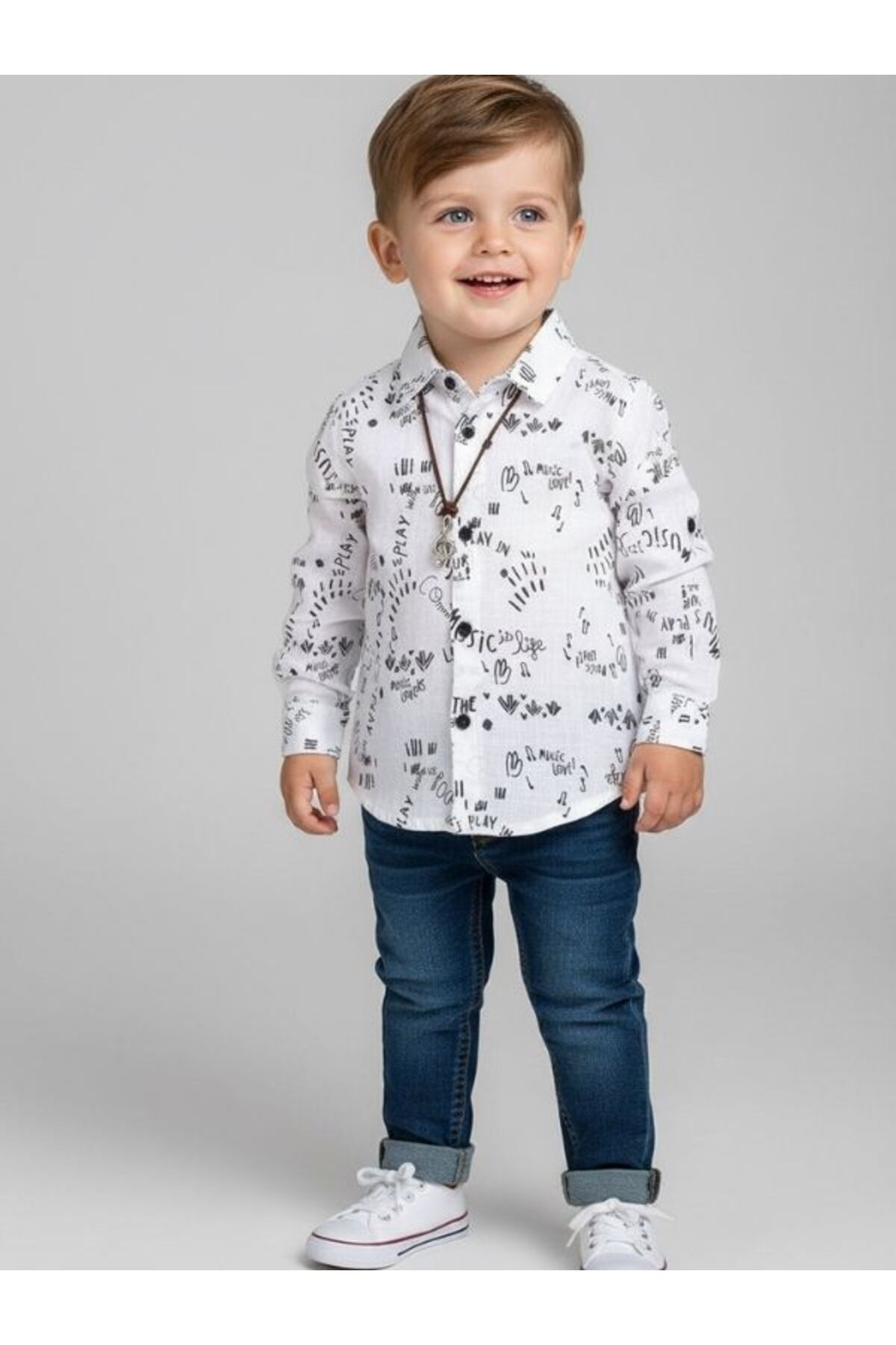 NK Erkek Çocuk Yüzde Yüz Pamuklu Katlanabilir Music Gömlek fotoğrafı 2 (önizleme)