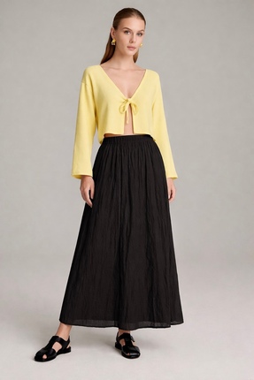 Kahra Collection Kadın Siyah Vual Kumaş Kırışık Uzun Astarlı Crush Etek