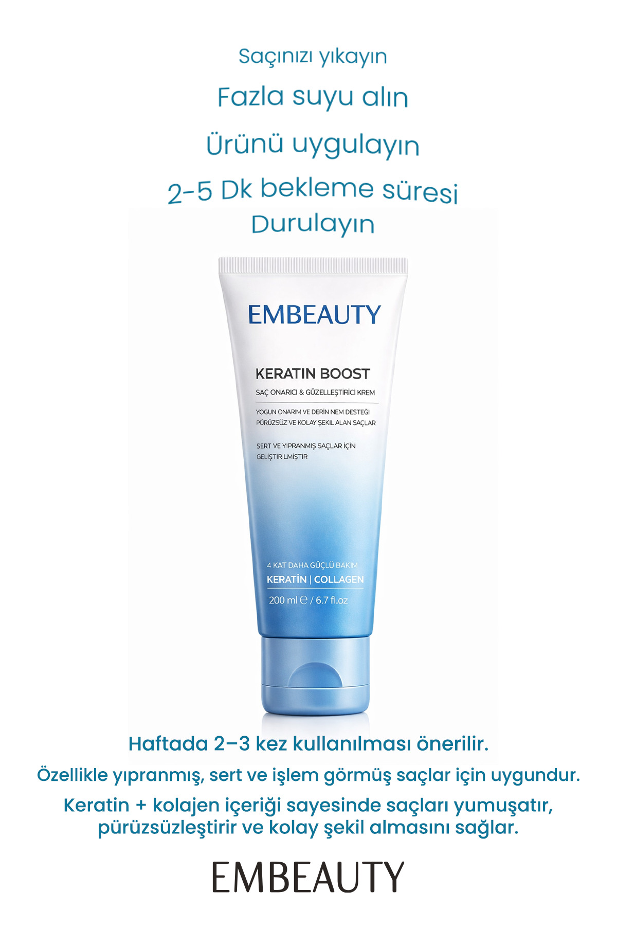 Keratin Boost Onarıcı Dolgunlaştırıcı Saç Bakım Kremi 200 ml — embmaske — تصویر 5 از 8