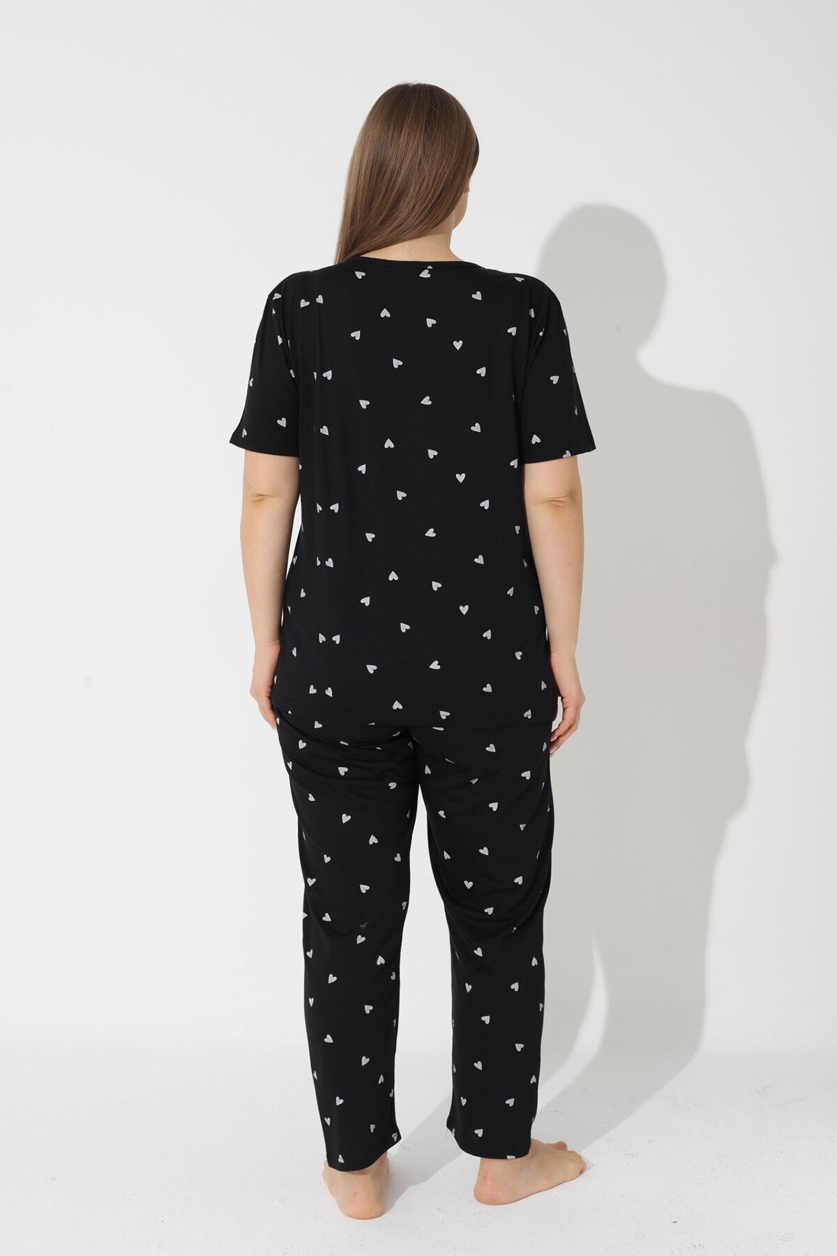 Siyah İnci  Siyah Kalp Desenli Curve Büyük Beden Battal Boy Kısa Kollu Pamuklu Pijama Takımı - Görsel 3