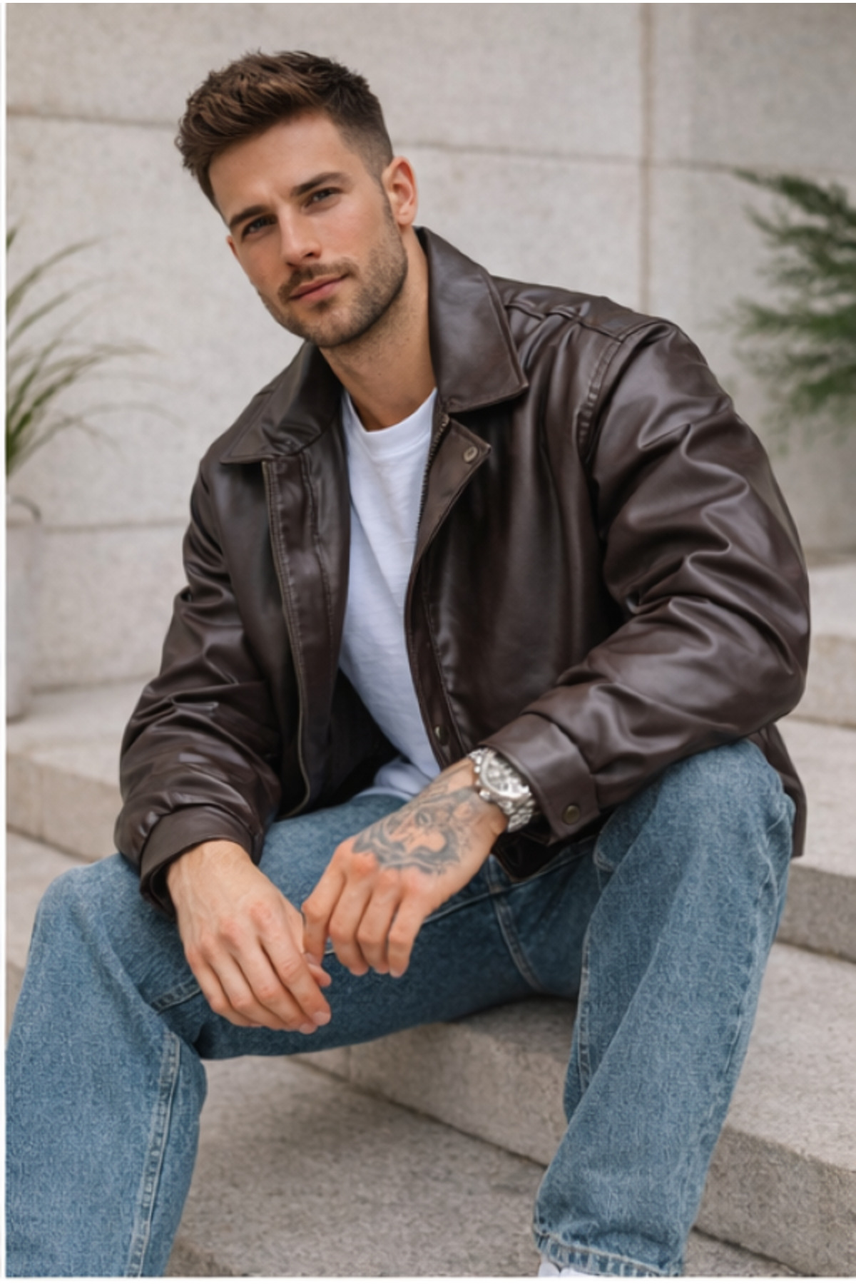 Rowsmen  Yeni Sezon Erkek kahverengi Oversize İç Astarlı Deri Ceket