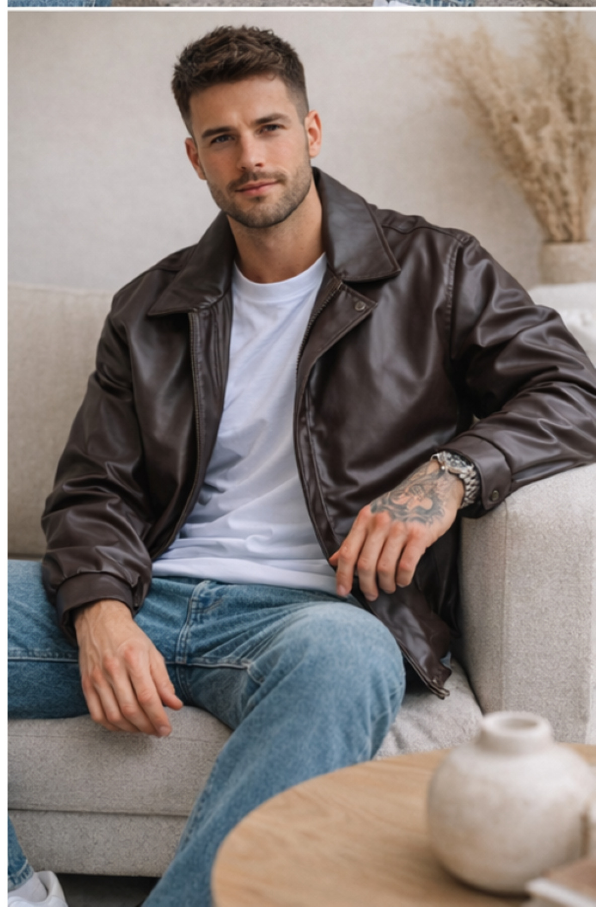 Rowsmen  Yeni Sezon Erkek kahverengi Oversize İç Astarlı Deri Ceket - Görsel 3